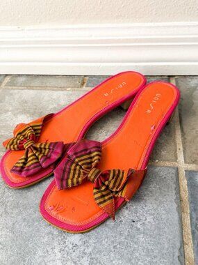 Unisa Open Toe Mule Heels Size 8 Orange Pink Bow Striped Kitten Heel Sandals